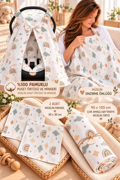 Yada Baby %100 Organik Pamuklu Müslin Kumaştan 6 Parça Puset Örtüsü & Minderi , Emzirme Önlüğü , Battaniye Mendil Seti Bebek Hastane Çıkışı / Hediye Seti / Yenidoğan Çeyiz Set (Oeko-Tex Sertifikalıdır)