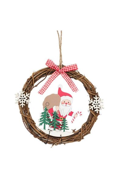 ANTBRO Decorațiune din Lemn Coroniță cu Moș Crăciun, Sac și Fulgi Albi 15cm, ...