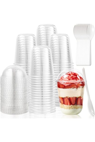 Generic [120 PACK] 12 oz Clear Plastic Cups with Dome Lids and Sporks, Dispos...