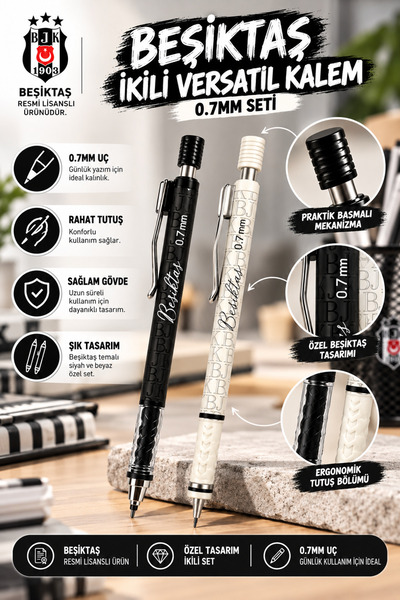 Beşiktaş Lisanslı Versatil Kalem 0.7 mm 2'li Set İkili Uçlu Kalem Okul Kırtasiye
