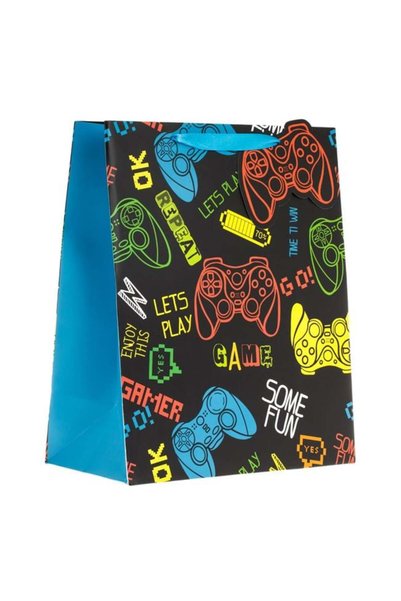 ANTBRO Sacoșă Cadou din Hârtie Neagră cu Model Gaming și Felicitare 26x14x32c...