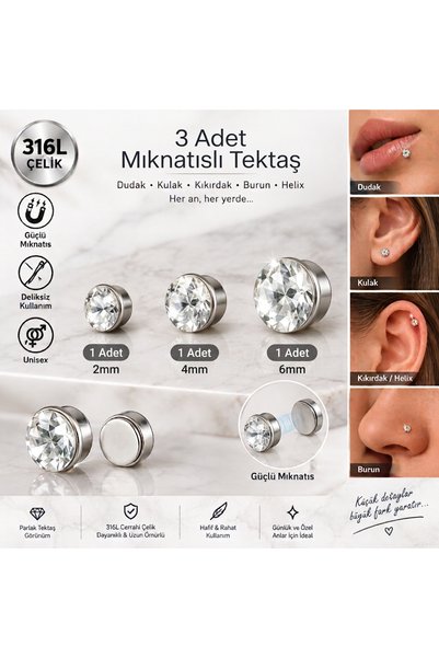 Heppii Tektaş Mıknatıslı 3 Adet Set 316L Çelik 1 Adet 2MM - 1 Adet 4MM- 1 Ade...