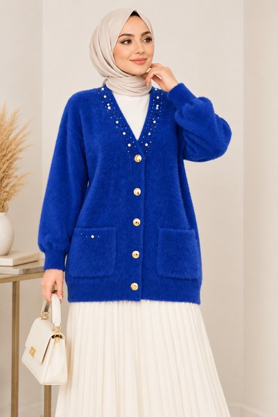 MERSA Cardigan Angora cu decolteu în V și broderie cu pietre, cu aspect de ba...