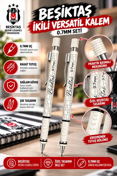 Beşiktaş Lisanslı Versatil Kalem 0.7 mm 2'li Set İkili Uçlu Kalem Okul Kırtasiye