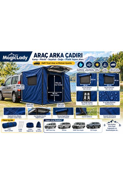 Campesnt Araç Arka Kamp Çadırı 200x150x200 cm Su Geçirmez Oxford Kumaş Sinekl...