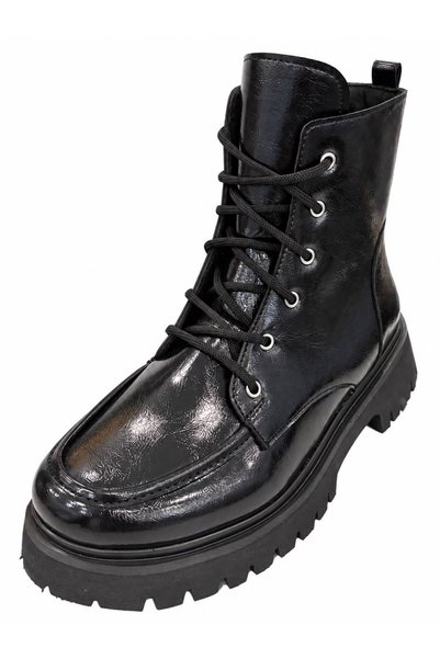 PAPUCUMUN DÜNYASI Women's Black Color Shiny Textured Patent Leather Boots with Side Zipper and Lace-Up Design