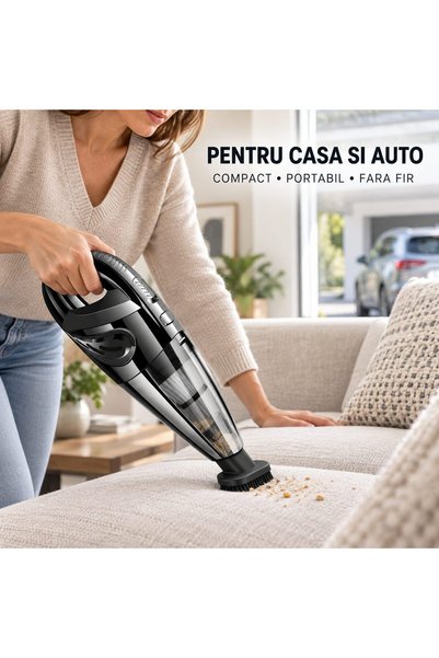 The Hub Aspirator de Mana fara Fir pentru Casa si Auto, 120W, Aspirare Umeda/Uscata, 15,1-20 kPa, Incarcare USB, Negru