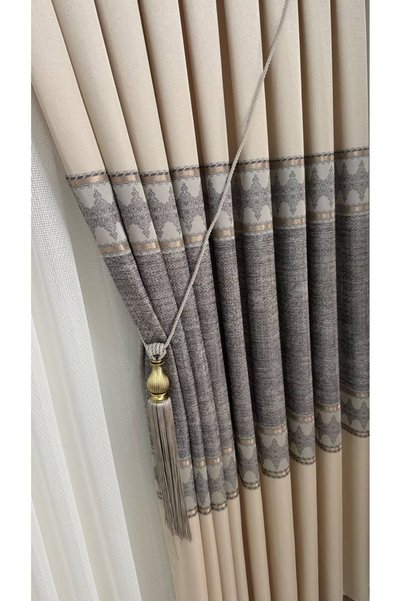 Fon Dünyası Damaks Patterned Cream Gray Panel Background Curtain (Single Panel)