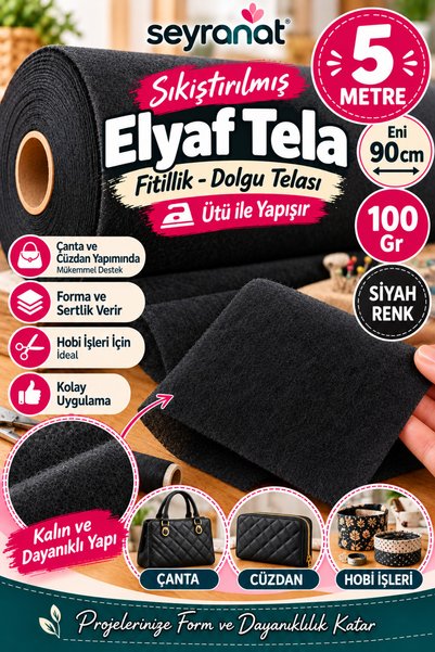 seyranat Siyah Yapışkanlı Elyaf Tela 5 Metre 100 Gr En 90 cm Çanta Cüzdan Dol...