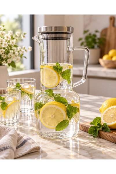LeylArt Paslanmaz Kapaklı Cam Sürahi 950 ML MRC-02