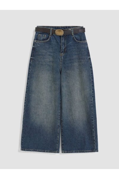 LC Waikiki LCW Kids Mavi Wideleg Kız Çocuk Kemerli Jean Pantolon