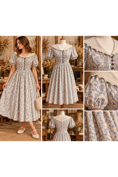 DİBA CONCEPT Mavi Çiçek Desenli Dantel Yakalı Vintage Elbise