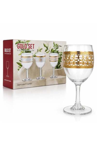 More Set de 6 pahare cu picior, sticlă transparentă, model auriu de 15cm,