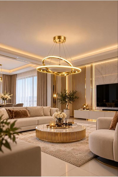 Elizim Home Lighting Orbita Gold 2 Halkalı Kumandalı LED Avize – 3 Işık Renkl...