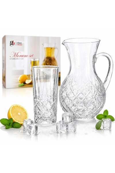 More 22cm carafe with 6 13.5cm glasses, textured glass, crystal pattern, tran...