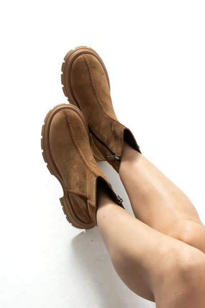 DUXAL SHOES Vanessa Hakiki Deri Kadın Süet Yan Fermuarlı Comfort Bot