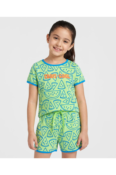 Pine kids طقم نوم قطني 100% محبوك بأكمام نصفية وشورت بطبعة البطيخ - أخضر