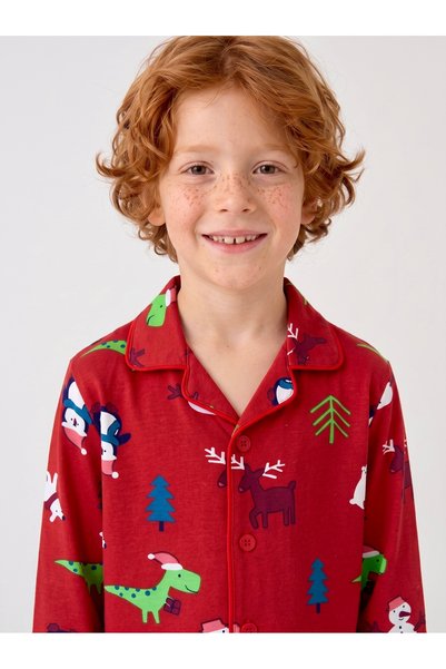 Enie Girls and Boys Red Cotton Christmas Themed Pajama Set with Eye Patch