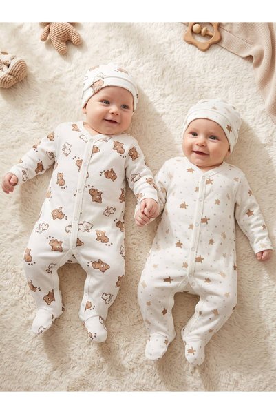 Bebila Baby Baby Girl-Boy Set of 2 Printed Jumpsuits with Hat Newborn 100% Co...