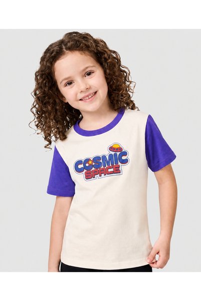 Pine kids تي شيرت 'Cosmic Space' بأكمام راجلان نصفية بألوان متباينة - كريمي و...