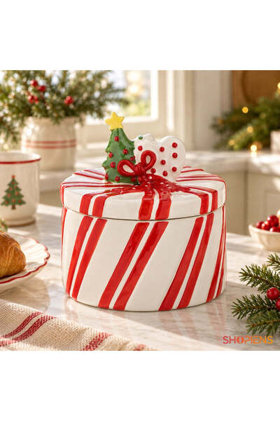 SHOPIENS Cutie Ceramica Pentru Biscuiti Cu Panglica Si Brad