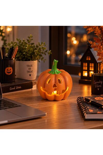 SHOPIENS Dovleac Portocaliu Din Polirasina Cu LED Halloween 12 cm Shopiens®