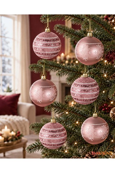 SHOPIENS Set 6 Globuri Roz Cu Arabescuri Albe 8 cm