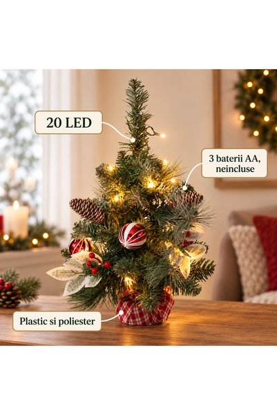 SHOPIENS Bradut Cu 20 LED Si Baza Rosie In Carouri Shopiens®