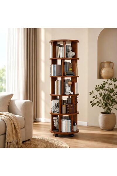 GENERAL Baobibit 360-Degree Rotating 5-Tier Bookshelf with Wheels, 44X44X165Cm