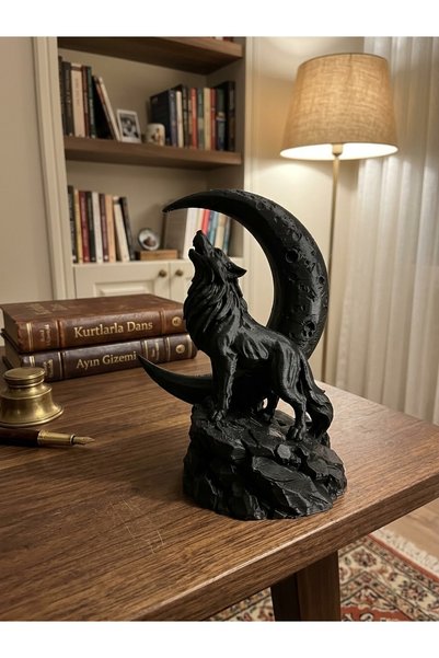 3dvan Dekoratif Kurt ve Hilal Ay Tasarımlı 3D Biblo, 19 cm Salon ve Ofis Akse...