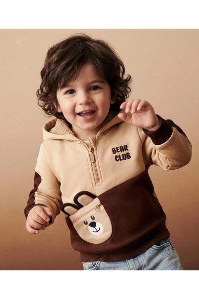Baby Hug سترة بيبي هاج من الصوف المحبوك بأكمام كاملة وقلنسوة مطرزة بتصميم ناد...