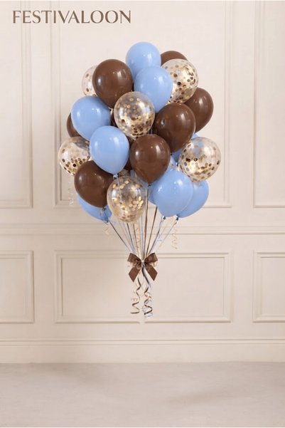 FESTİVALOON Set of 20 Brown Pastel Blue Transparent Balloons with Gold Confet...