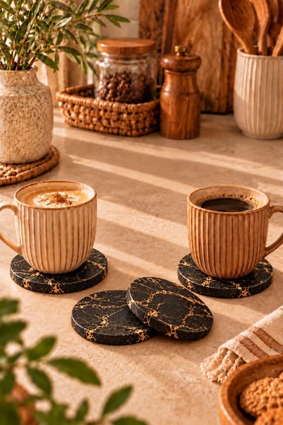 Zigzag Home Decorative Concrete Marble Patterned Black Gold Color 4 Piece Coa...