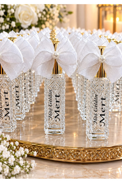 EPOXYMED Fiyonk Detaylı Fısfıslı Sprey Şişe İncili Kolonya -Nişan,Nikah,Kına,Söz Hediyelik-10 Adet