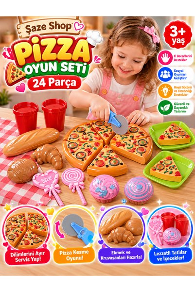 SAZE 24 Parça Oyuncak Pizza Seti Pizza Kesme ve Servis Oyun Seti Çocuk Mutfak...