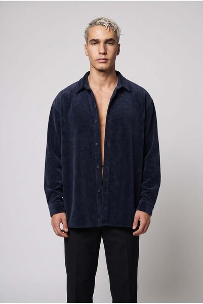VACHT Men's Navy Blue Velvet Corded Fabric Soft Textured Loose Fit Oversized ...