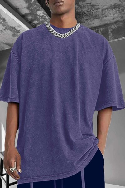 VACHT Tricou violet oversize pentru bărbați, vopsit cu efect de învechire, sp...