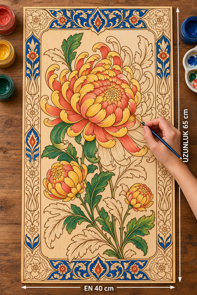 TOTTERİQ Krizantem Çiçeği Çini Motifli Ahşap Mandala Boyama Panosu 40x65 cm 3...