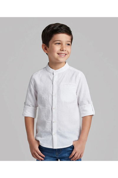Pine kids قميص قطني 100% منسوج بأكمام كاملة وياقة ماندارين - أبيض