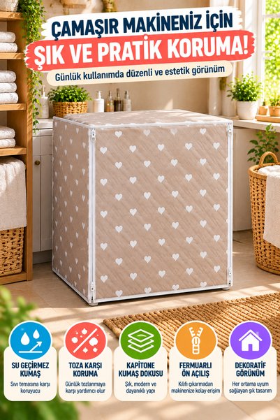 OpenCity Kalp Desenli Çamaşır Makinesi Kılıfı Bej Kapitone Su Geçirmez Çift Fermuarlı 63x58x84 cm Koruyucu Ev