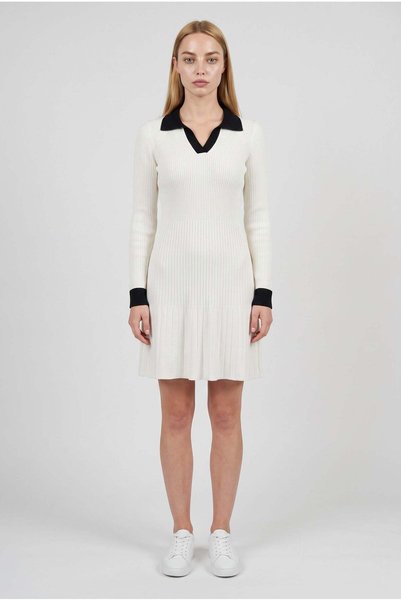 VACHT Women's Off-White Apaş Polo Collar Garnished Ribbed Knitwear Dress S-M-...