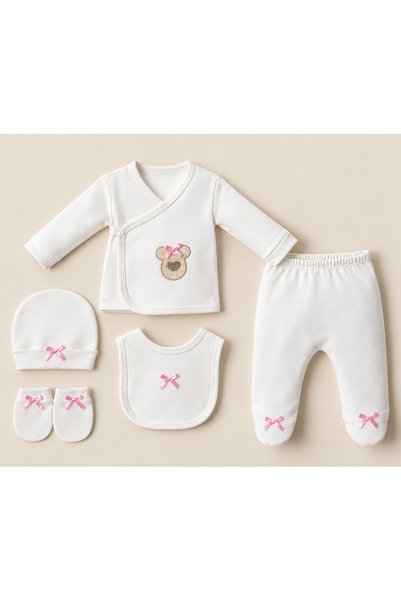 chic try unique Baby Girl Ecru Pink Bowknot Teddy Bear Patterned 5 Piece Newb...