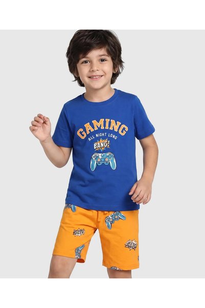 Pine kids طقم بيجامة قطنية محبوكة بأكمام قصيرة وطباعة ألعاب - أزرق وأصفر متوف...