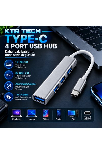 KTR TECH 4in1 Type-C 4 Port USB 3.0 Hub Çoklayıcı | Alüminyum Gövde, OTG Dest...