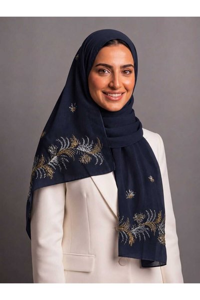Veil Designer طرحه بوال كحلي طبقتين بتطريز ذهبي علي كامل الطرحه 190*60 لا توج...