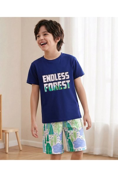 Pine kids طقم نوم قصير من قماش الجيرسيه بنصف أكمام وطبعة غابات - أزرق كحلي مت...
