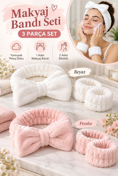 ALL FAST 3 Parça Peluş Makyaj Bandı Seti – Fiyonklu Saç Bandı ve 2'li Bilekli...