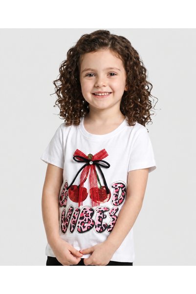 Pine kids تي شيرت قطني محبوك بأكمام نصفية مزين بطباعة الكرز وتفاصيل التطريز -...