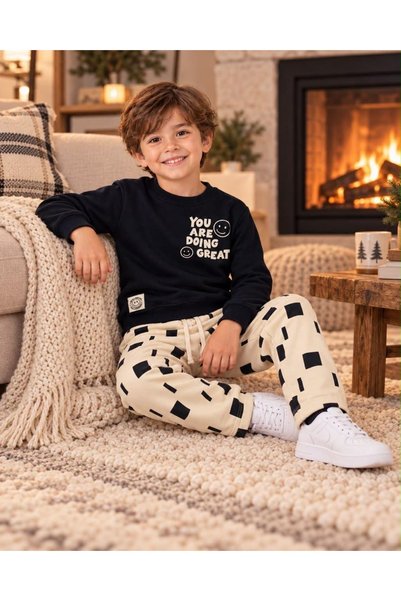 Patriko Boys' 3-Thread Cotton Printed Black Sweatshirt Pants Set