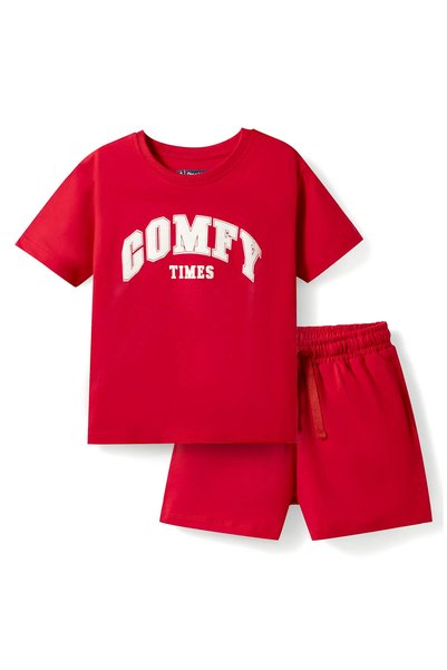 Pine kids طقم بيجامة قطنية محبوكة بأكمام قصيرة وطباعة نصية - أحمر